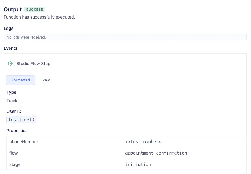 Segment Functions Output Success dialog showing properties and test user ID.